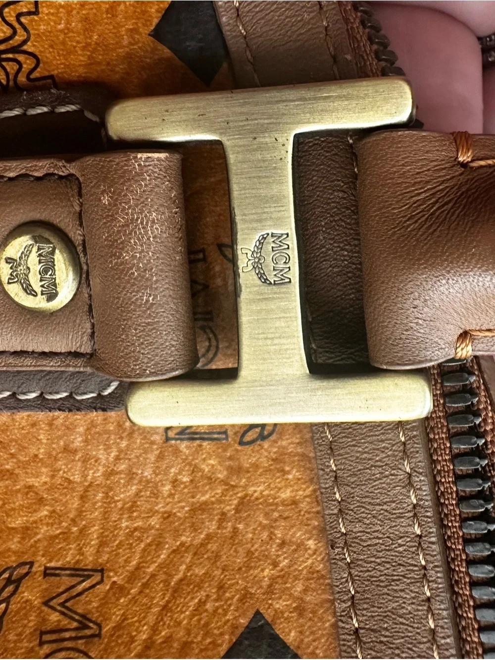 MCM Visetos Cognac Logo Satchel with Brown Trim